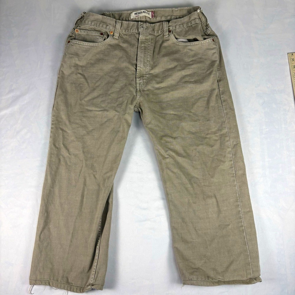 Levi's 505 Regular Fit Men's Jeans Olive Khaki Green Altered Cropped W35 L23